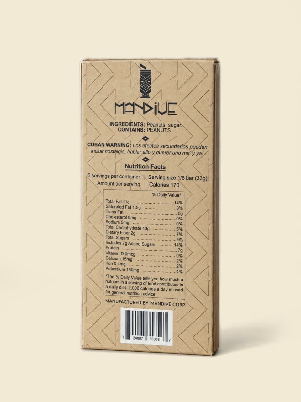Caja kraft del turrón de maní cubano Mandive girando para mostrar el frente y la información nutricional